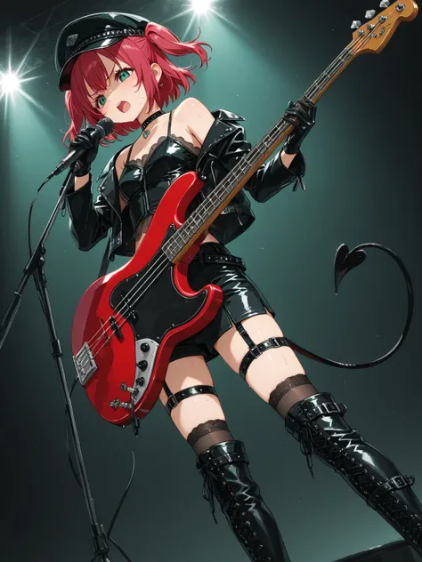  1 girl,  Kurosawa Ruby、  short hair while on a business trip、bangs、(  green eyes:1.3)、 Red Hair、Aqua Hitomi  、  two side up、 Ultra Details 、whole body、leather camisole  、  over knee socks、  is standing、、  Long Boots  、 garter ring、 back、 black gloves、 cho...