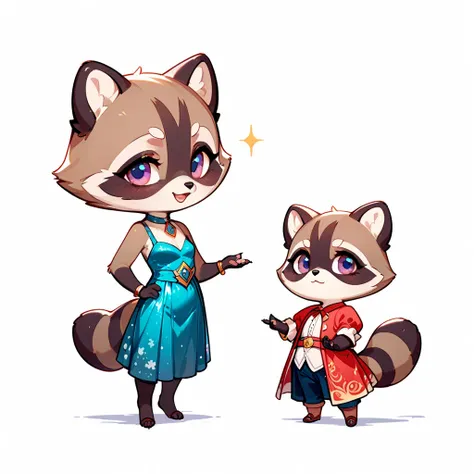 Furry, the second,  1 girl,  full length,  beautiful clothes, furry raccoon,  tail,  white background,  plain background,  is standing straight,  chibi
