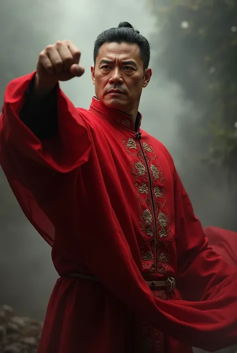 Man in red Chinese dress, by raising one hand clenched 