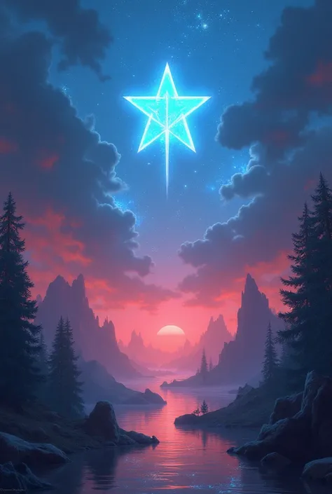 Blue and red dreamy background ，Font with FORTIS STAR in the middle。