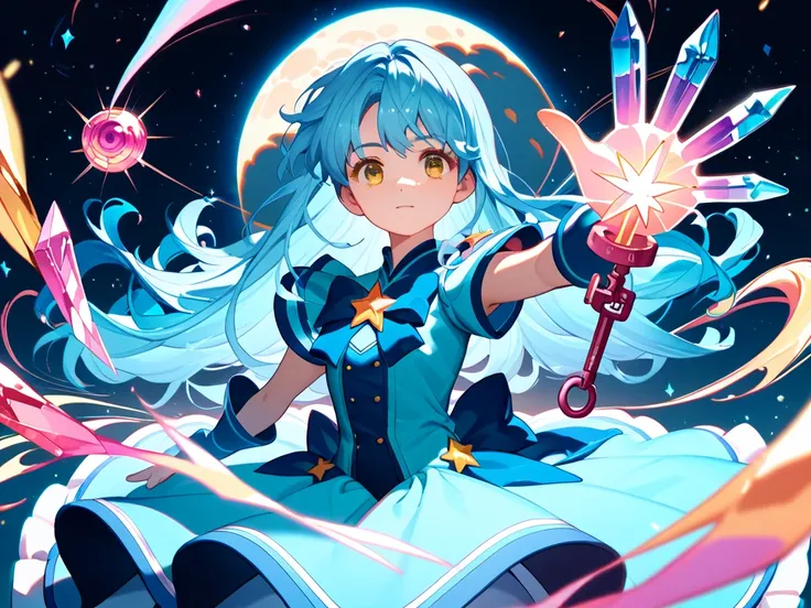  Amazingly beautiful magical girl portrait 。 Magic Girl opens beautiful amber eyes 、 with silky black long hair 。 The artistic vibe of CLAMP and the charm of Ghibli Studio wearing a light blue gorgeous cute magical girl dress 。  Background with moon and st...