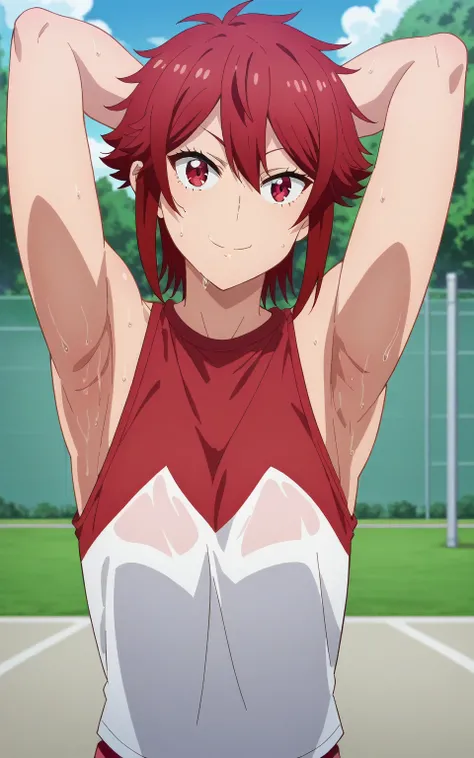 score_9, score_8_up, score_7_up, source_anime, anime screencap, 1girl, solo, tomo aizawa, red hair, short hair, red eyes, red gym outfit, medium breast, bare shoulders, bare arms, arms behind head, armpits, head towards viewer, smile, closed mouth, badhand...