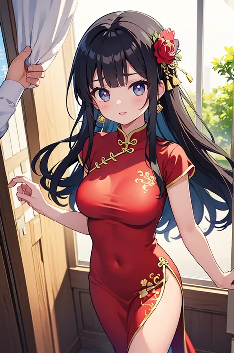 A beautiful girl in a Chinese dress walking elegantly in the Chinese palace, anime girl, 1 girl, light skin, black hair, blunt bangs, curtained hair, long hair, straight hair, expressive hair, shiny hair, hair flower, amethyst eyes, earrings, light smile, ...