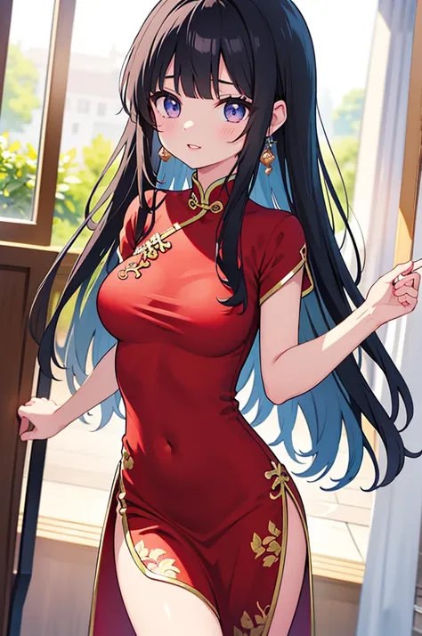 A beautiful girl in a Chinese dress walking elegantly in the Chinese palace, anime girl, 1 girl, light skin, black hair, blunt bangs, curtained hair, long hair, straight hair, expressive hair, shiny hair, hair flower, amethyst eyes, earrings, light smile, ...