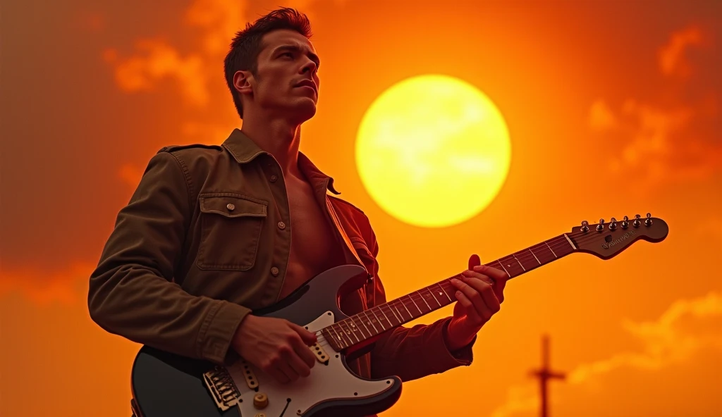 a young man in jacket playing electric guitar in front of a sun that is burning like a phoenix, detailed facial features, muscular body, dynamic pose, dramatic lighting, fiery orange and red sky, abstract background, photorealistic, cinematic, highly detai...