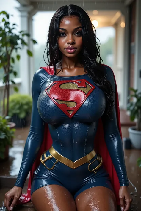 (BLACK AFRICAN FEMALE SUPERGIRL) A VERY SEXY BLUE EYED, BLACK AFRICAN FEMALE WEARING A SUPERGIRL COSTUME AND CAPE. TRANSLUCENT CLOTHES. SOAKING WET FROM THE RAIN OUTSIDE THE FRONT PORCH POUTING. COMPLETELY SOAKED AND WET.4K, 8K. COMEPLETE TOP TO BOTTOM VIE...