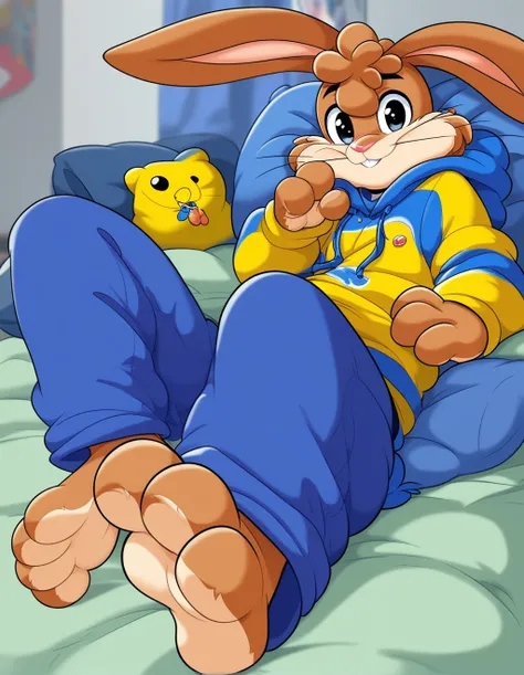 zPDXL3,quicky,4 fingers,brown fur, blue pants, yellow winter hoodie, sitting down on the bed in the bedroom, 25 year old adult, 6 feet tall, cute version of quicky, cute rabbit hair, furry, rabbit, male, femboy, slim,solo,looking_at_viewer,