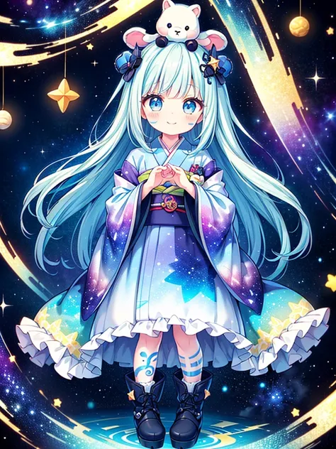  1girl , pretty face、Baby Face、Star Fairy、 cute pose、((( perfect anatomy、 the best dynamic composition 、 best quality、 Top Masterpieces、 more details、 high definition 、CG,HHD,32K))),NEW STYLE 、 Geometric Neon Color Background 、( milky white and blue gradat...