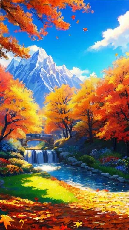 Score 9, Score 8 Up, Score 7 Up, (Best Quality), ((Masterpiece)), Anime, Garden, Blue Sky, Majestic Mountains, Stream, Autumn Leaves, Photorealism, I am in a flower field. There is a blue sky in the background. A phoenix is ​​flying and light particles are...