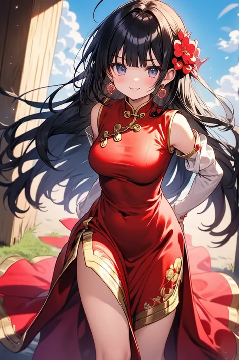 A beautiful girl in a Chinese dress walking elegantly in the Chinese palace, anime girl, 1 girl, light skin, black hair, blunt bangs, curtained hair, long hair, straight hair, expressive hair, shiny hair, hair flower, amethyst eyes, earrings, light smile, ...