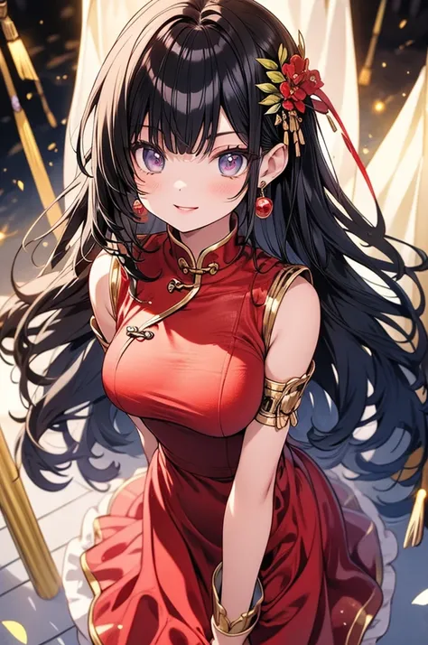 A beautiful girl in a Chinese dress walking elegantly in the Chinese palace, anime girl, 1 girl, light skin, black hair, blunt bangs, curtained hair, long hair, straight hair, expressive hair, shiny hair, hair flower, amethyst eyes, earrings, light smile, ...