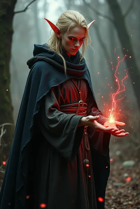 Generate an image of an elf, high , blond, with a dry physique.  He's a dark wizard,  his eyes are red,  and wears ragged and worn robes.  He has an aura of dark and evil power, Reddish sparks of pure magic crackle from his hands. Around him, undead people...