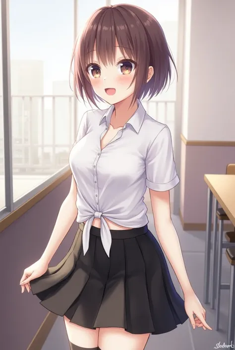  1girl ,  Beautiful Girl,  short hair as left eye, classroom, White shirt with belly button out ,  Tie the hem of the shirt below the chest,  cleavage,  no bra, Short sleeve, Exposing the abdomen, Belly button, black ultra micro miniskirt,  black pleated s...