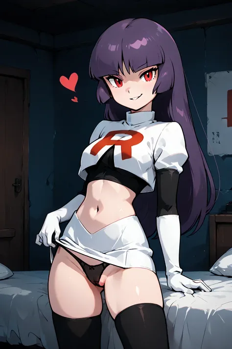 masterpiece, best quality, 1girl, solo, 21 year old model, eyelashes, (beautiful eyes),zzSabrina, red eyes, long hair, blunt bangs, sabrina (pokemon), purple hair,  black hairCosplay_TeamRocket, team rocket uniform, white jacket, cropped jacket, white skir...