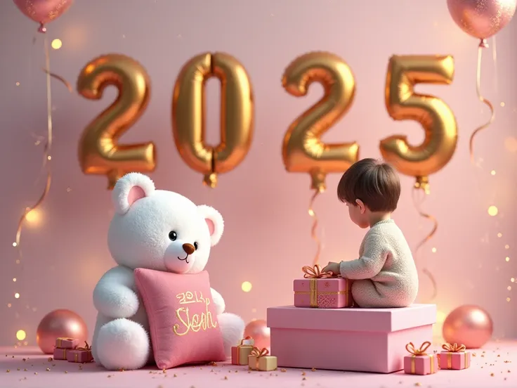 Created my 2025 New Year's scene, featuring a white teddy bear with a pink bow and a pink pillow in the shape of the letter "3" written in the middle in a big way. The young man sits on the big pink gift box, bringing small pink and gold gifts wrapped beau...