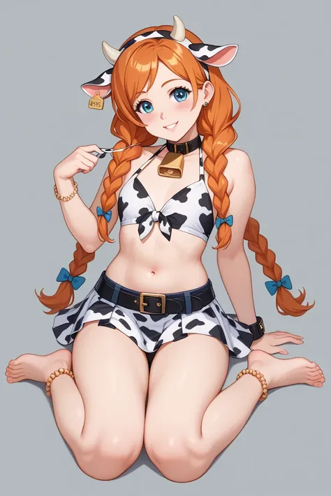 Orihime’s cow-inspired outfit is a fun and playful design that incorporates her charm while keeping the theme lighthearted and stylish:  

**Top:** She wears a cropped halter top made of soft fabric with a black-and-white cow print pattern. The halter ties...