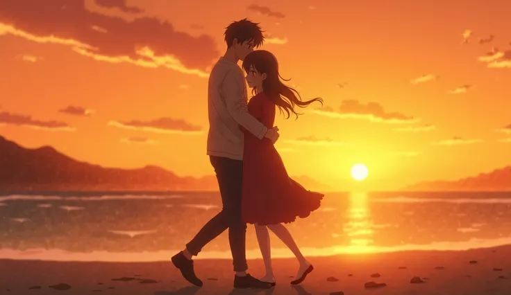 Two anime-style characters, a young man and a young woman, are embraced in a close embrace.they are walking along a beach at sunset.  They are positioned mid-frame,  visible.  The figures are seen in profile view, their bodies and clothing are indistinct. ...