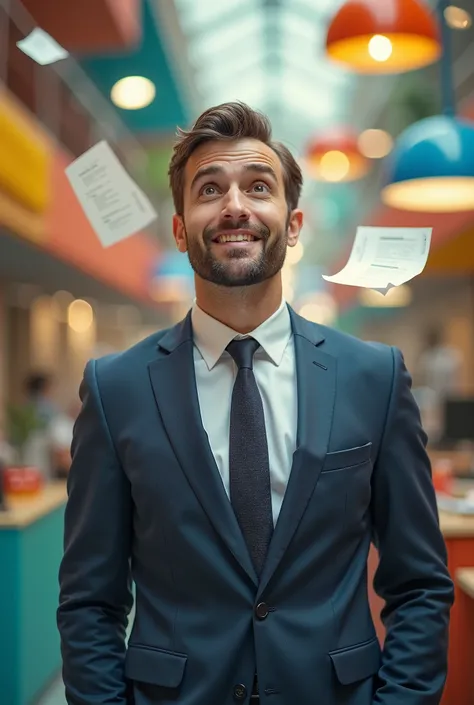 Ein mann business look,   looking at the camera with positive astonishment,  Background colorful office , There is a wind ,   in the background sheets of paper 