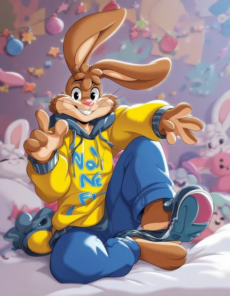 zPDXL3,quicky,4 fingers,brown fur, blue pants, yellow winter hoodie, sitting down on the bed in the bedroom, 25 year old adult, 6 feet tall, cute version of quicky, cute rabbit hair, furry, rabbit, male, femboy, slim,solo,looking_at_viewer,