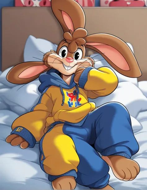 zPDXL3,quicky,4 fingers,brown fur, blue pants, yellow winter hoodie, sitting down on the bed in the bedroom, 25 year old adult, 6 feet tall, cute version of quicky, cute rabbit hair, furry, rabbit, male, femboy, slim,solo,looking_at_viewer,