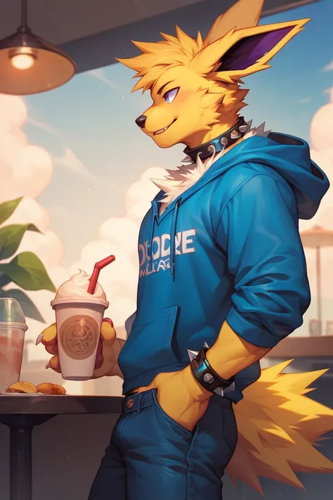 Solo, male, furry Jolteon, In a café, spiked necklace wearing a sky blue hoodie, wearing blue pants, and a spiked collar, and spiked bracelets