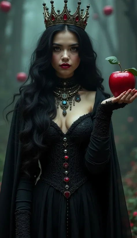 girl, Black long hair，black queen，Accessories，apple in hand， poisoned apples，witch queen， red lipstick 