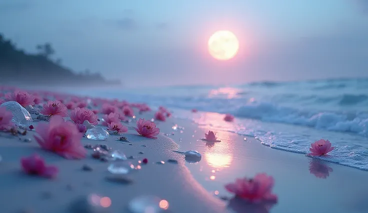 waning moon. flowers roses, stones transparent and diamond crystal in water, on the beach, fantasy, smoke , photo, HD, 8K ,