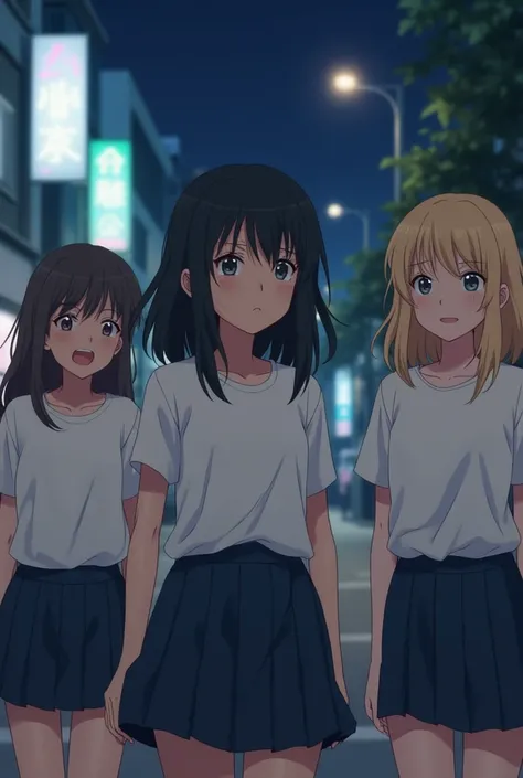 Create a realistic image of four age Asian girls in a city street at night. One girl with shoulder-length black hair is running away, tears streaming down her face, looking sad. She wears a white t-shirt and navy skirt. Three other girls, also wearing iden...