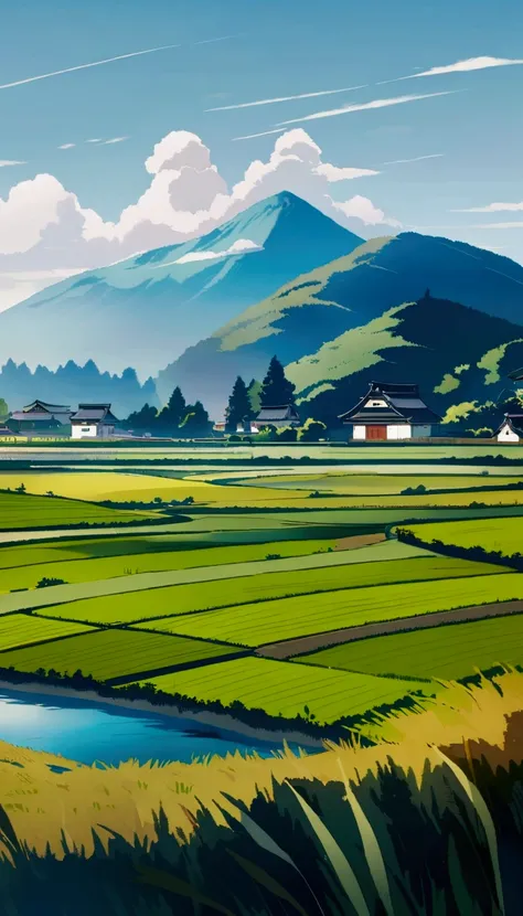  is full of rice fields，Green grass on the riverside ，There are petals，There are flowers，There is a picture of a mountain and a river in the middle of the field,   scenery in an anime rural landscape ,   detailed landscape —width 672  , Japanese Village, R...