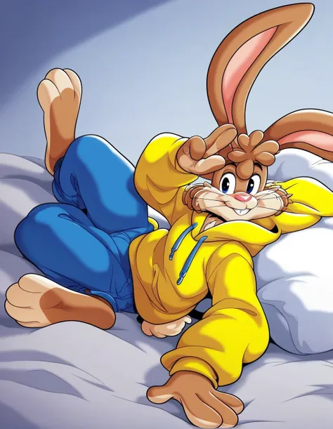 zPDXL3,quicky,4 fingers,brown fur, blue pants, yellow winter hoodie, sitting down on the bed in the bedroom, 25 year old adult, 6 feet tall, cute version of quicky, cute rabbit hair, furry, rabbit, male, femboy, slim,solo,looking_at_viewer,