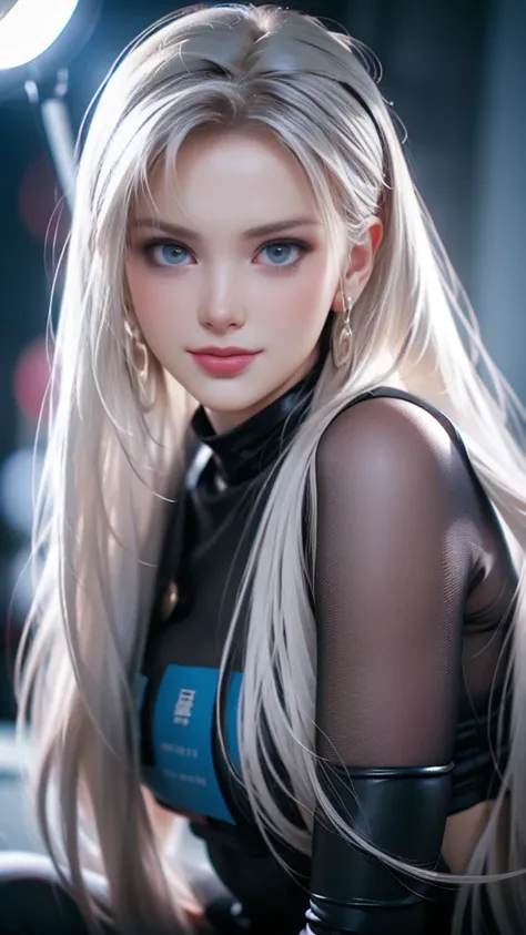 (best quality,ultra-detailed,photo-realistic:1.37),bright and vibrant colors,studio lighting,playful expression,stylish makeup,Police Woman,Silver hair flowing in the wind,alluring eyes,glossy lips,sexy pose, smiling in a confident and seductive way,posing...