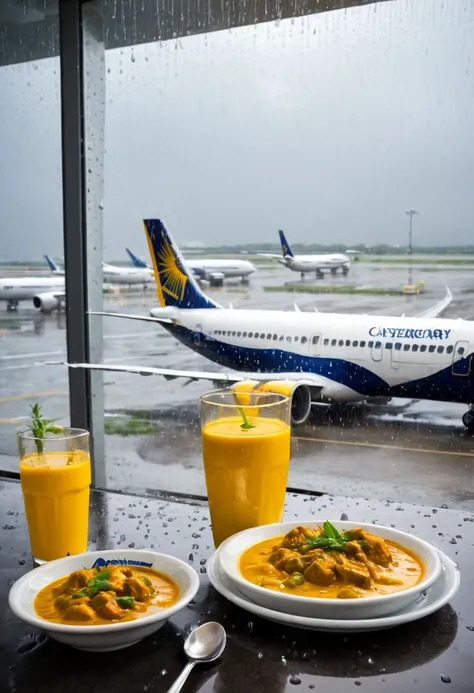 airport,airplane,cafeteria,curry on table,glass of water,rain,