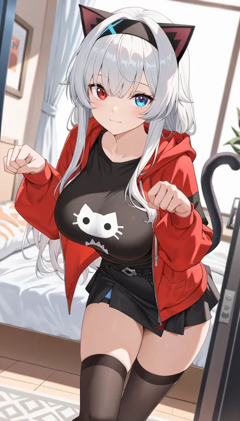 (best quality:1.3), (masterpiece:1.3), (ultra-detailed:1.3), (dynamic angle:1.2), absurdres, 1girl, solo_focus, heterochromia, red_eye, blue_eye, black_headband, white_hair, bangs, large_breasts, tall, long_hair, (firefly_\(honkai:_star_rail\):0.5), minisk...