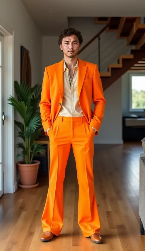 A fashionable man in retro inspired clothing stands confidently inside a retro style living room. He wore a bright orange suit with a wide lapel blazer, paired with a light beige button-up shirt that complemented the warm colors of the suit. Her outfit exu...