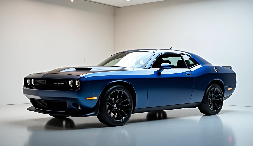 "A close-up, left-side view of a sleek, (Navy Blue color 2025 Plymouth Barracuda) displayed in a modern, bright gallery. The image emphasizes the bold side profile, showcasing its smooth, angular body lines, sculpted doors, and large, elegant wheels. The s...