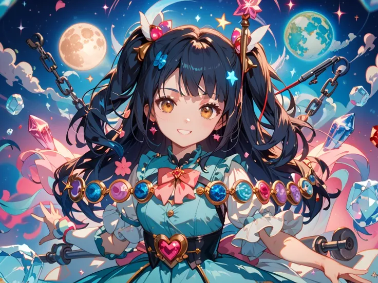  Amazingly beautiful magical girl portrait 。 Magic Girl opens beautiful amber eyes 、 with silky black long hair 。 The artistic vibe of CLAMP and the charm of Ghibli Studio wearing a light blue gorgeous cute magical girl dress 。  Background with moon and st...