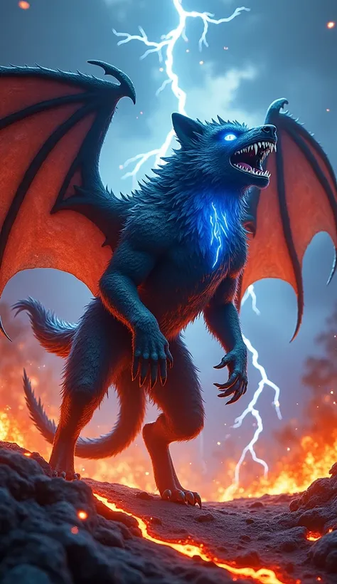 "The final form of a volcanic hybrid creature, combining the powerful build of a wolf, the expansive wings of a bat, and the electrifying tail of an eel. Its fur crackles with electricity, its glowing blue eyes pierce through the ash-filled air, and it how...