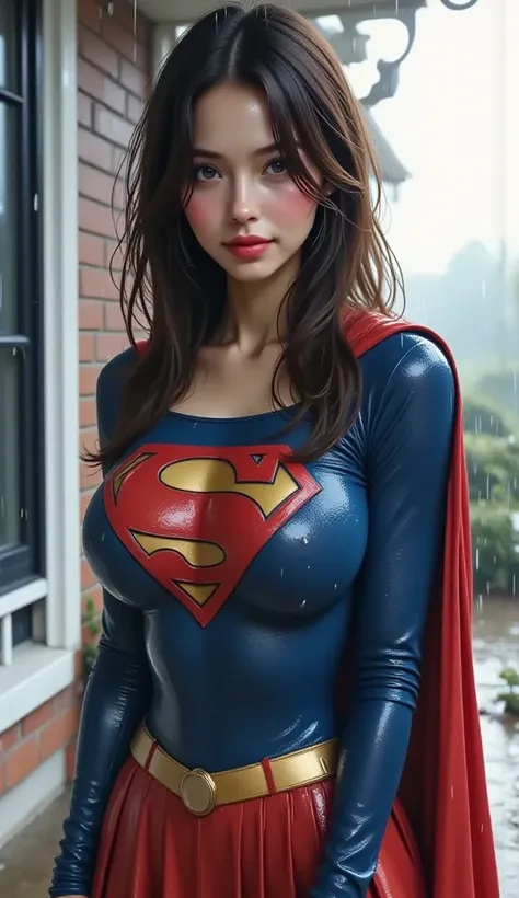 (WEARING A SUPERGIRL COSTUME AND CAPE) A VERY SEXY BLUE EYED, BLACK JAPANESE FEMALE WEARING A SUPERGIRL COSTUME AND CAPE. SOAKING WET FROM THE RAIN OUTSIDE THE FRONT PORCH POUTING. COMPLETELY SOAKED AND WET.4K, 8KHAIR AND CLOTHESB AND CAPE DRENCHED IN RAIN...