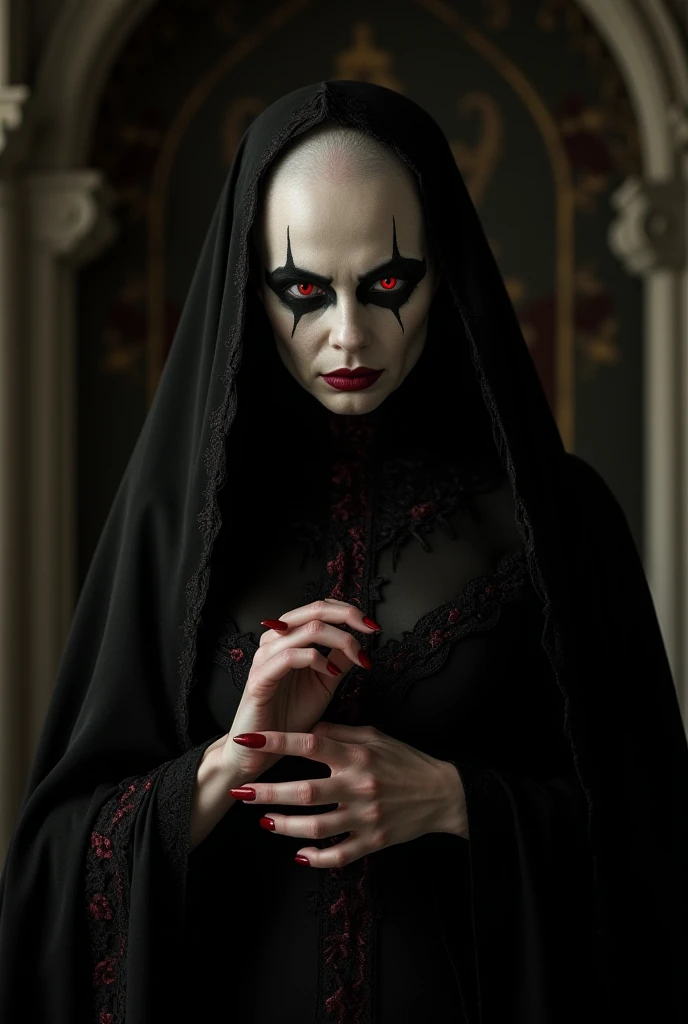 Nosferatu the vampire ,  hyper realism, old baroque black clothing with lace and lechuguilla, He stares at us fiercely, immutable and threatening face,  in an interior room without light, with black Gothic moldings , very long nails.  A long veil with red ...