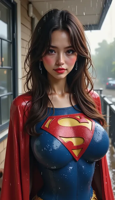 (WEARING A SUPERGIRL COSTUME AND CAPE) A VERY SEXY BLUE EYED, BLACK JAPANESE FEMALE WEARING A SUPERGIRL COSTUME AND CAPE. SOAKING WET FROM THE RAIN OUTSIDE THE FRONT PORCH POUTING. COMPLETELY SOAKED AND WET.4K, 8KHAIR AND CLOTHESB AND CAPE DRENCHED IN RAIN...