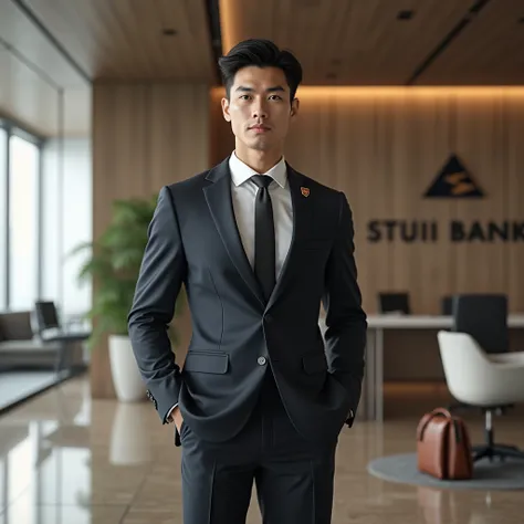 Create an AI image of a handsome guy who looks like he works at Sumitomo Mitsui Bank.