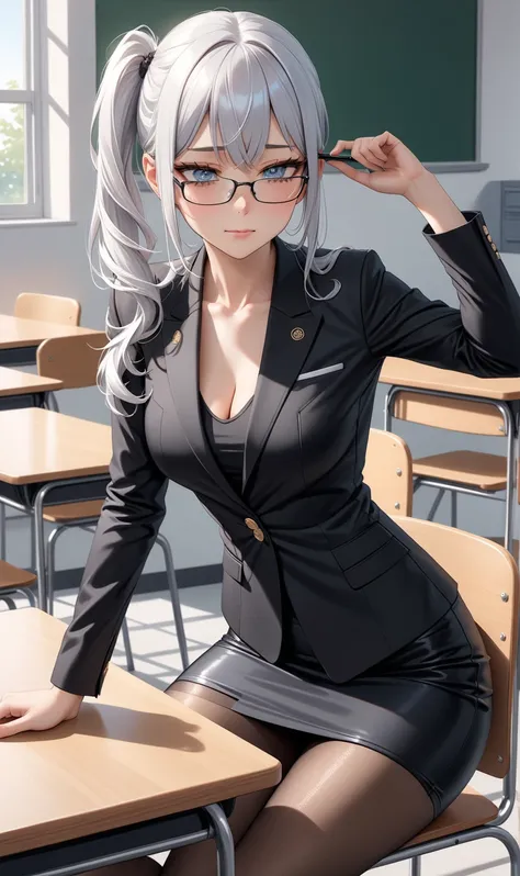 random Sexy pose, ((Ultra detailing)), (very aesthetic, best quality, ultra detailed), intricate details,
1girl, silver hair, silver eyes, Side ponytail hair ((Detailed eyes)), ((Beautifull eyes)), ((prefect eyes)), sharp jawline, shy, Licking her lips, Bl...