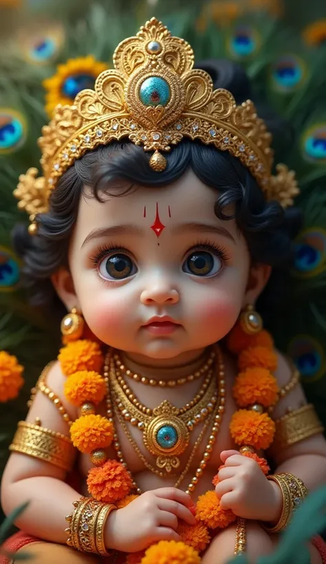 1 month old little krishna,baby boy,cute,beautiful detailed eyes,beautiful detailed lips,extremely detailed face,peacock feathers,ornate golden crown,serene expression,intricate jewelry,ornate clothing,vibrant colors,warm lighting,fantasy,digital art,4k,8k...