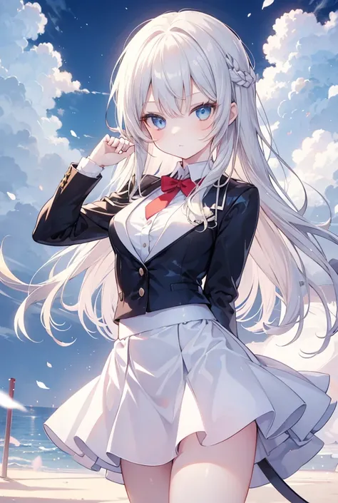 Anime girl with long Silver blonde  hair and blue eyes wearing a white skirt, a red tie and a black pointed lapel 