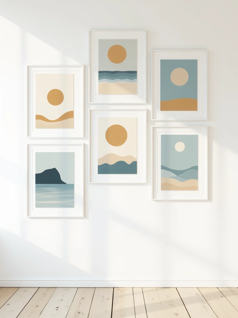 minimalist poster mockup on a wall, on the theme of the beach, the sea, the ocean and the islands, several posters on the wall, minimaliste colored poster ,