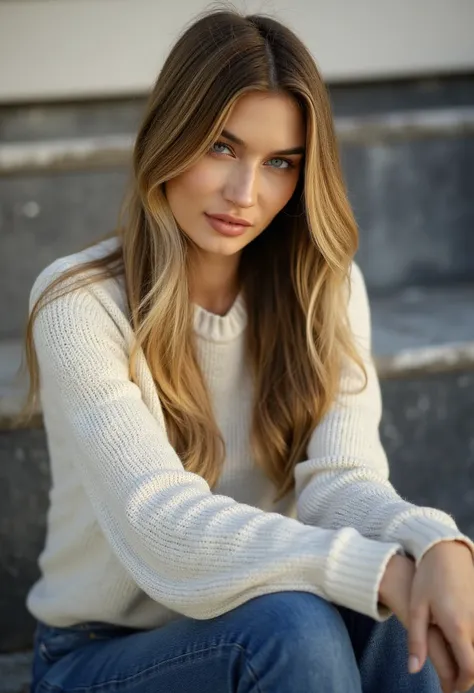 a beautiful relaxed woman, long blonde hair and mesmerizing eyes, wearing a sweater and jeans, sitting on steps, looking at camera, posing, editorial image. H4YL3Y