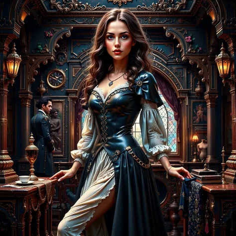 Keira Knightley as Elisabeth Swann from the movie Pirates of the Caribbean,leather boots,full body shot,highly detailed cinematic illustration,black outlining,full color illustration,vivid colors,in the style of Boris Vallejo & Julie Bell,masterpiece,ultra...