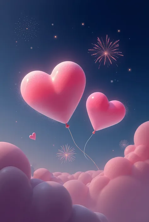 Pink Valentine's Day ,Sky, night view, pink love clouds,fireworks