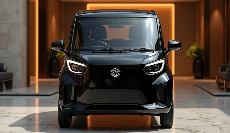 2A Sleek And Full HD Realistic (2025 Suzuki Auto Rickshaw) black Shiny Exterior And Parked In Luxurious Showroom And Front  View