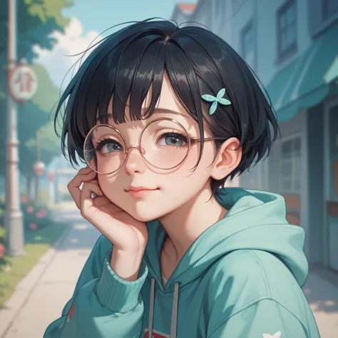 Thai high school girl, cute but a little sly, wearing round glasses, short black hair, there is a little blood on her face, wearing a mint colored hoodie, looking cheerful and sad at the same time,